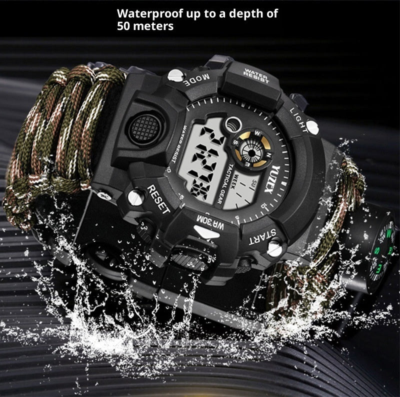 Tactical Survival Waterproof Watch - Paracord, Firestarter, Whistle, Compass