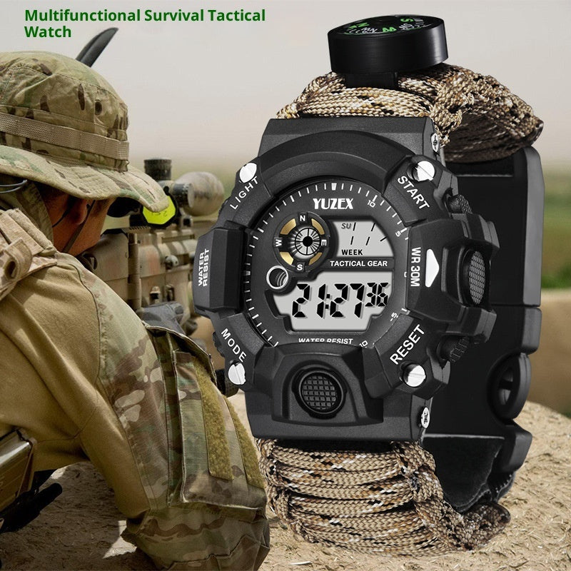 Tactical Survival Waterproof Watch - Paracord, Firestarter, Whistle, Compass