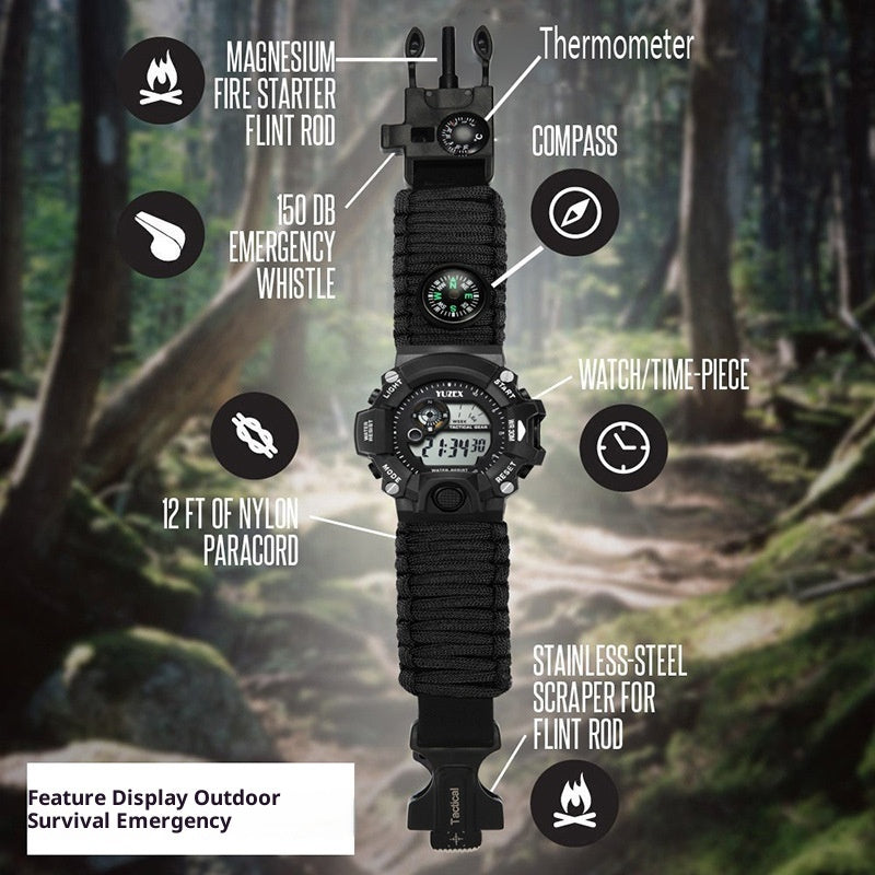 Tactical Survival Waterproof Watch - Paracord, Firestarter, Whistle, Compass